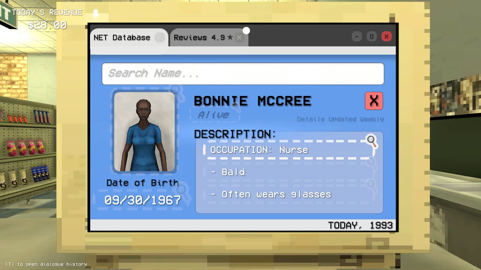 The Shift At Midnight customer database displays identity information during a gas station check