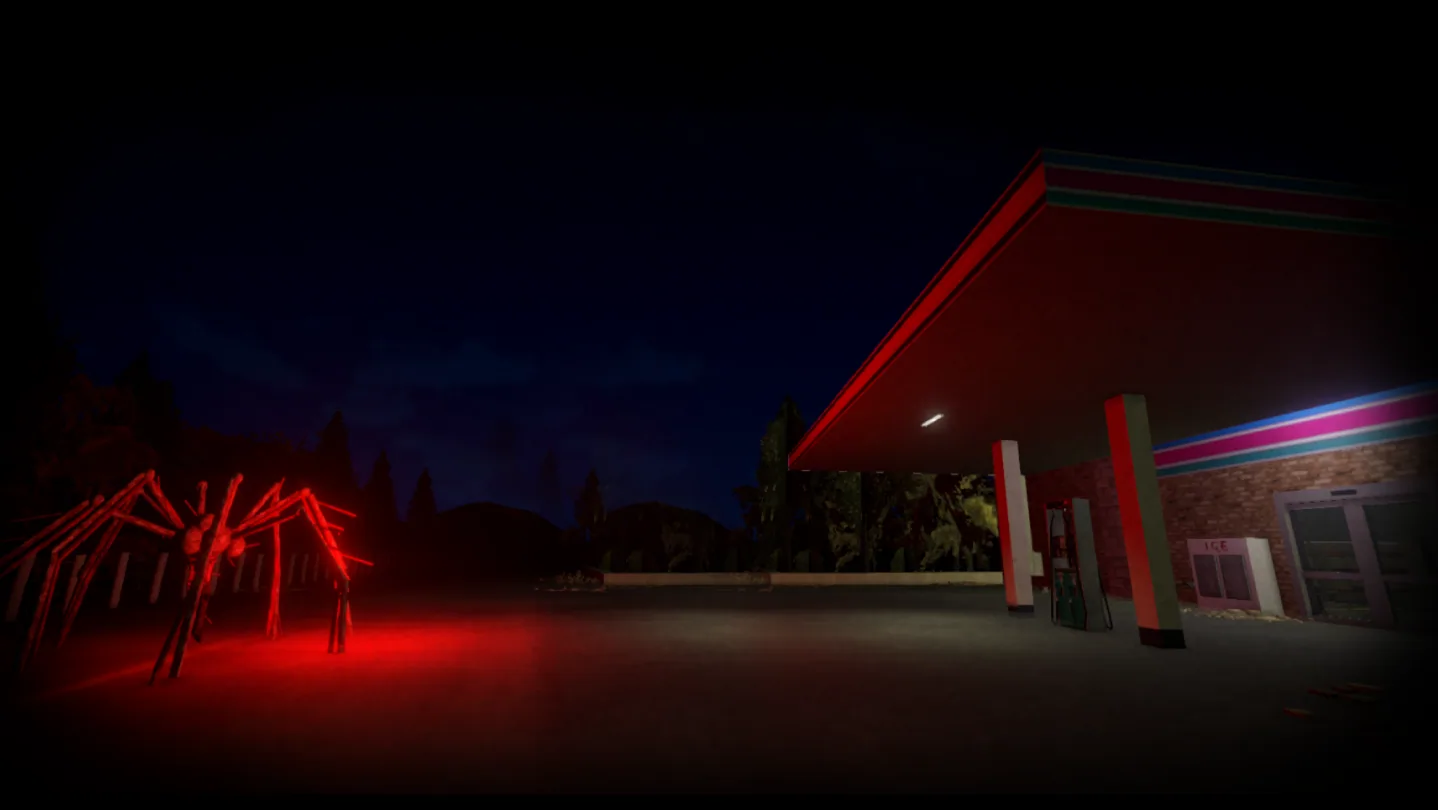 Shift At Midnight title artwork shows the dark roadside gas station under a glowing sign