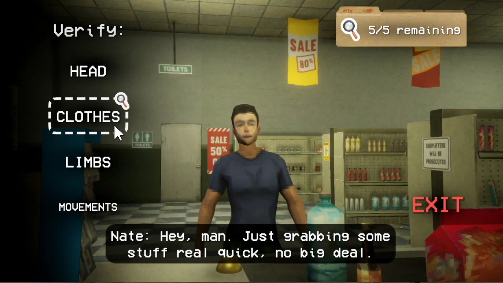 A suspicious customer waits at the gas station counter while the player chooses an interrogation question